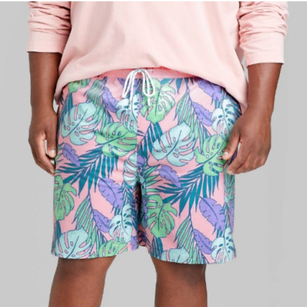 Original Use Mens 7" Inseam Swim Trunks  Palm Print Pink